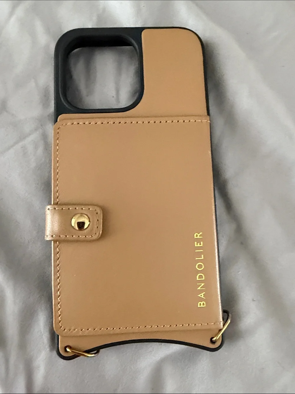 Bandolier Tan Leather Crossbody Wallet Phone Case with Gold Hardware